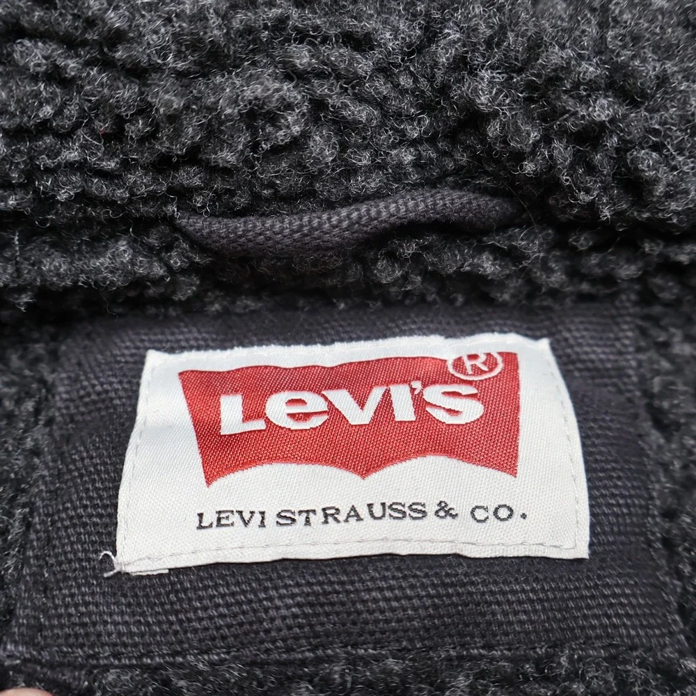 Levis Jacket Men XXL Black Canvas Sherpa Lined Hooded Rugged Work Field Full Zip